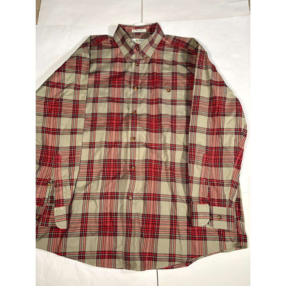Orvis Men's XL Plaid Button Down Shirt Red Gray 100% Cotton Long Sleeve